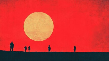 Naklejka premium Silhouetted family walks sunset, red sky, large moon, apocalyptic landscape, artwork