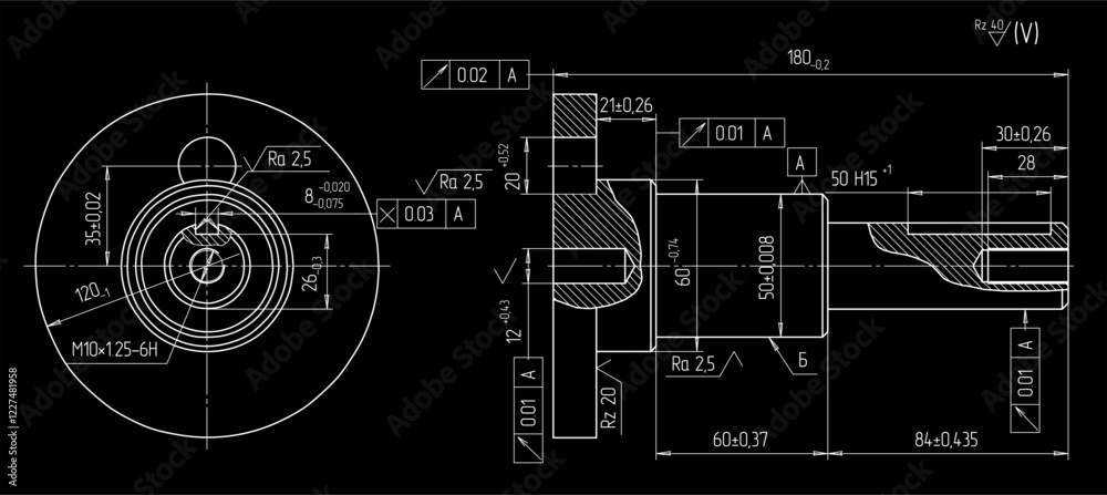 Wall mural assembly drawing of shaft of electrical reducer. vector design of steel mechanical device with dimen