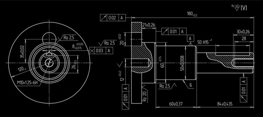 Assembly drawing of shaft of electrical reducer.
Vector design of steel mechanical device with 
dimension lines.
Engineering technic computer cad scheme on 
paper sheet. Hand drawn pencil sketch.