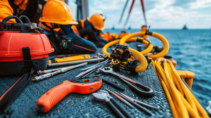 Fototapeta premium focused shot of technicians tools on boat deck, showcasing various equipment and safety gear