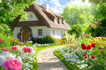 A thatched cottage surrounded by colorful flowers, with the path leading to it lined with blooming roses and daisies