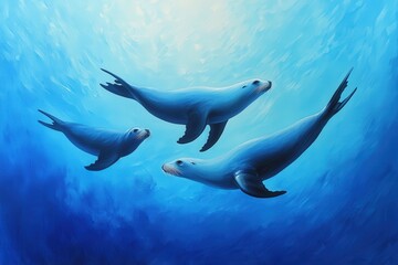 Sea lions swim together in a synchronized motion, their powerful flippers propelling them through the vast ocean.