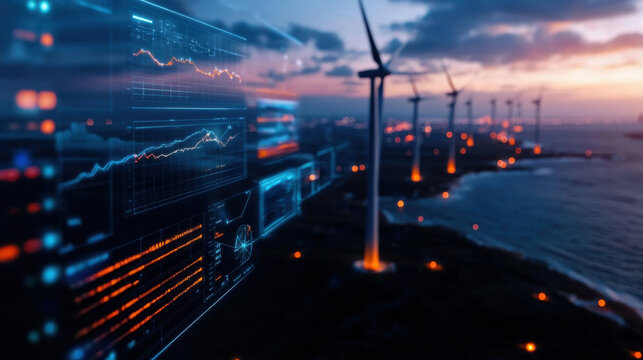 futuristic view of wind turbines with digital data overlays at sunset