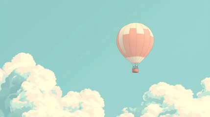 Naklejka premium A serene hot air balloon floats gracefully in a clear blue sky, surrounded by fluffy white clouds