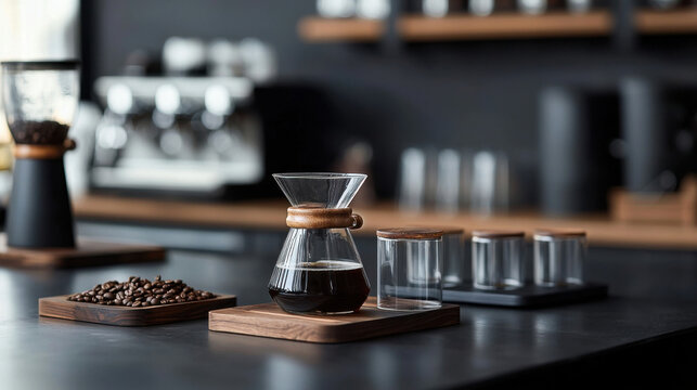 hand poured coffee setup featuring glass carafe, coffee beans, and elegant accessories