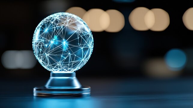 Illuminated network globe displaying global connectivity modern office digital art nighttime environment close-up view technological advancement