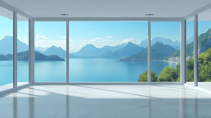 Fototapeta premium Spacious modern room with large windows overlooking serene blue sea and mountains, bright white floor to ceiling design in tranquil environment