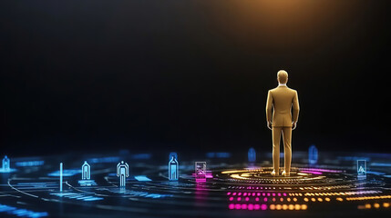 Leadership development grows through training and responsibility. Businessman Standing Before Futuristic Digital Interface