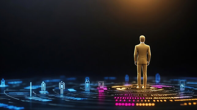 Leadership development grows through training and responsibility. Businessman Standing Before Futuristic Digital Interface