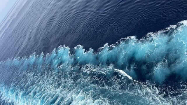 ship's wake on the sea Filmed from the deck of a ship sailing in the North Sea, the weather is calm and overcast, with waves diverging from the ship. The sound of engines and rushing water, waves.