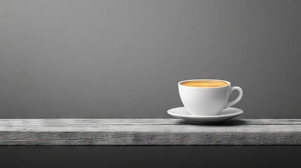 Obraz premium Minimalist Coffee Cup on Rustic Shelf against a Gray Backdrop offering a serene and simple scene for backgrounds
