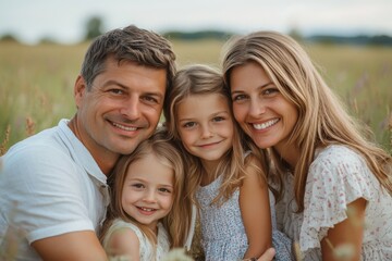 Fototapeta premium Happy family of four posing outdoors in a sunny park with smiles