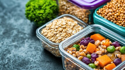 Healthy Grains and Vegetable Mix in Glass Containers Perfect for Meal Prep
