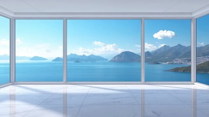 Fototapeta premium Bright Modern Room with Large Windows Overlooking Calm Sea and Majestic Mountains Under a Clear Blue Sky