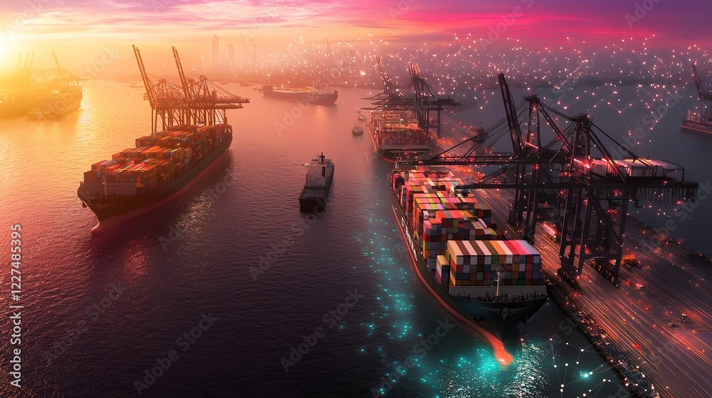 Poster futuristic global shipping port with seamless robotic cargo management systems and an interconnected