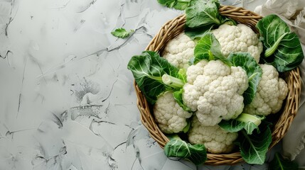 a basket filled with fresh cauliflower. empty space for your text