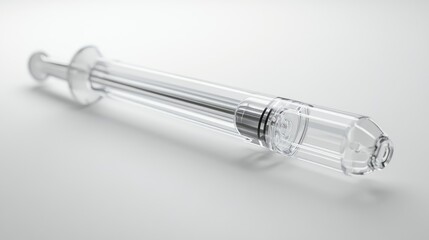 A detailed close-up of a transparent medical syringe, placed against a clean white background, capturing its essential function in healthcare and medical procedures