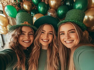 Friends taking a selfie in front of a decorated St Patricks Day backdrop with green and gold balloons