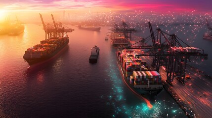 Futuristic global shipping port with seamless robotic cargo management systems and an interconnected digital matrix network overlaying the entire scene  Cargo ships transport vehicles