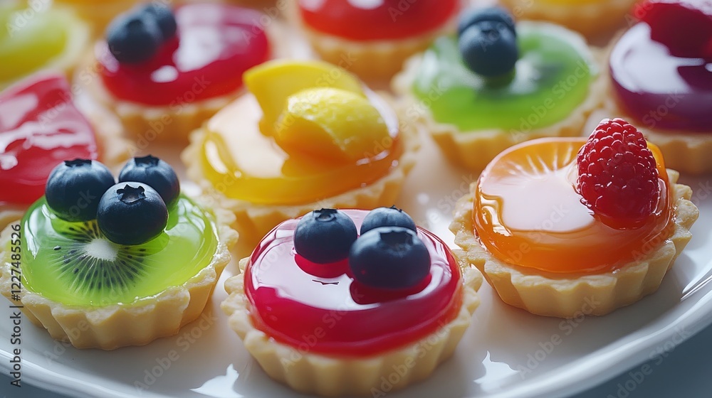 Poster a detailed close-up of colorful fruit tarts with glossy, fresh fruit on a white plate, creating a vi