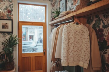 Cozy clothing store interior with wooden racks and soft lighting