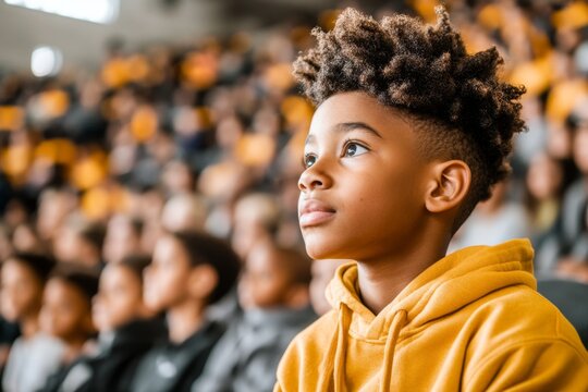 A child receiving special recognition during a school assembly, with the spotlight focused on their achievement
