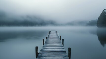 Cinematic foggy morning on serene lake pier tranquil landscape nature photography dreamlike atmosphere