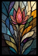Colorful Stained Glass Flower Design With Leaves