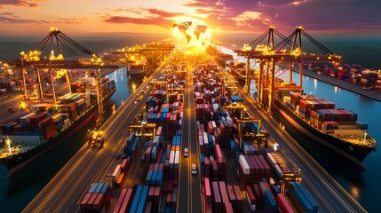 Expansive Futuristic Global Freight Hub with Intricate Digital Network Connecting All Freight Centers and Autonomous Vehicles and Cranes Efficiently Managing Cargo Under Neon Cybernetic Lights