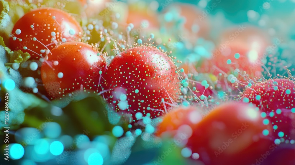 Poster A detailed microscopic view of nanosensors embedded within a food package, showing their ability to detect and alert consumers about food safety issues