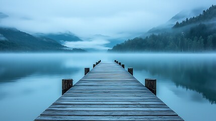 Fototapeta premium Cinematic serenity at misty lake dock tranquil landscape photography peaceful waters aerial view nature's beauty