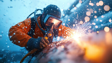 skilled welder working in snowy conditions, sparks flying, focused on task