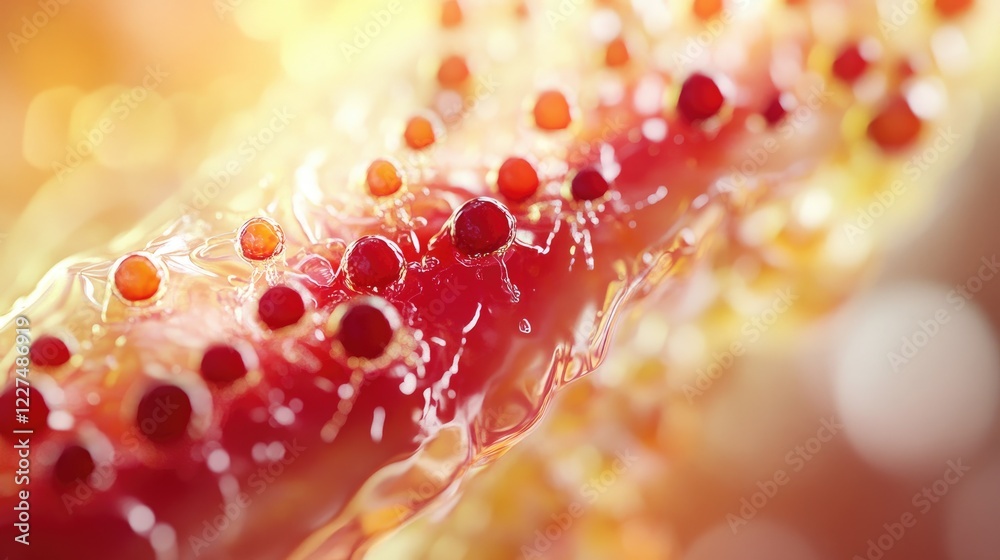 Poster A detailed microscopic view of nanosensors embedded within a food package, showing their ability to detect and alert consumers about food safety issues