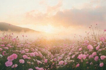 Obraz premium Spring meadow at sunrise with pink flowers and mist