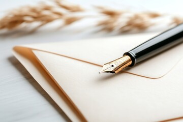 A clean design of a handwritten letter with a pen resting diagonally across it, rendered with minimal shading and soft tones