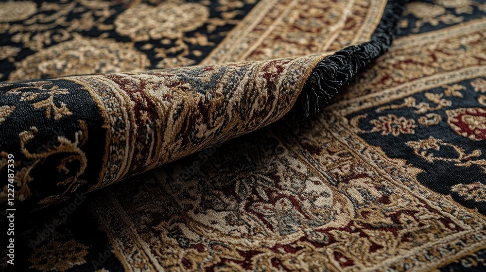 Poster a detailed shot of a vintage, luxurious carpet with elaborate patterns, adding timeless elegance and
