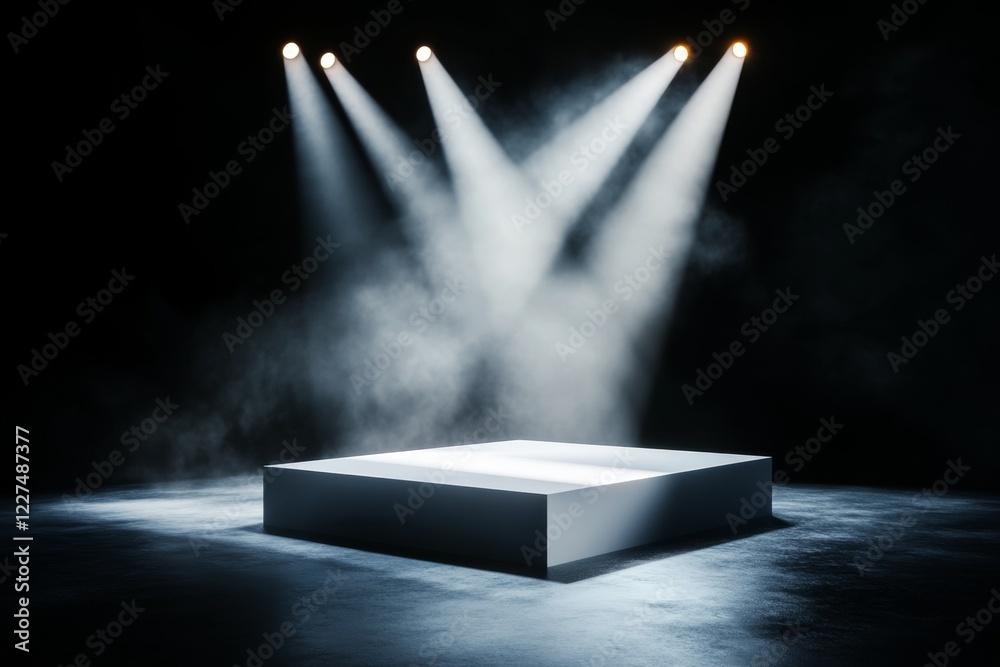 Poster a clean design of a single spotlight shining down on a small podium, with all other areas left in sh