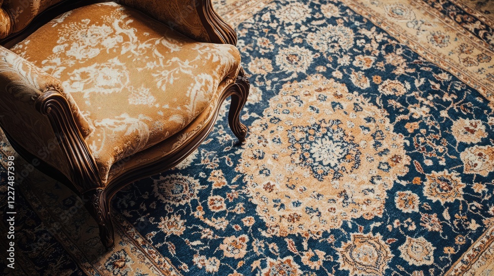 Poster a detailed shot of a vintage, luxurious carpet with elaborate patterns, adding timeless elegance and
