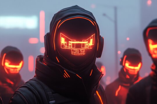 A cyberpunk-inspired scene of a hacker convincing a group of underground rebels to join their cause, with glowing neon screens displaying blueprints of their plan