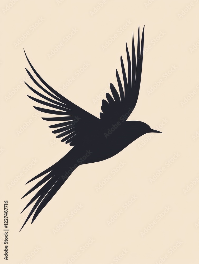 Poster black silhouette of a bird in flight against a neutral background showcasing graceful wings and an e