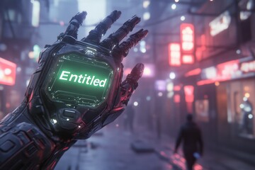 A cyberpunk-themed scene of a neon-lit device displaying the word â€œEntitledâ€ in glowing green letters, as a robotic hand delivers the document to a person in a bustling cityscape