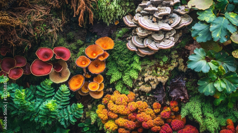 Poster a detailed view of a vibrant forest with an array of plant life, including colorful fungi and rich g