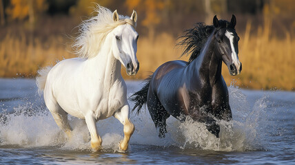Fototapeta premium Majestic wild horses running through water, showcasing their beauty and grace. white and black horses create stunning contrast against natural backdrop, evoking sense of freedom and vitality