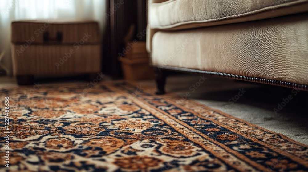 Poster a detailed shot of a vintage, luxurious carpet with elaborate patterns, adding timeless elegance and
