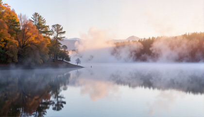 Fototapeta premium Misty lake at sunrise with trees and reflections, International World Water Resources Day Theme