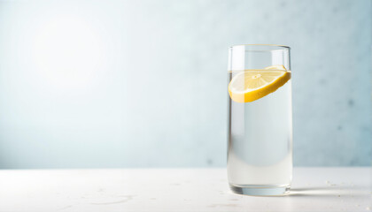 Glass of water with lemon slice on soft background, International World Water Resources Day Theme