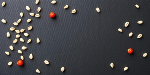 Poppy seeds scattered over a black textured surface, ingredient, pattern, poppy seeds