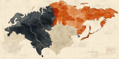 A stylized map of Asia showcasing different regions with varying color tones, highlighting geographical diversity and cultural distinctions.