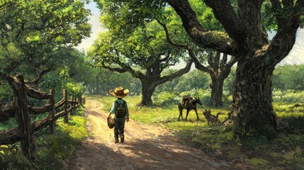 Fototapeta premium Boy walks country road, horse and dog wait, sunny day, idyllic scene, rural life