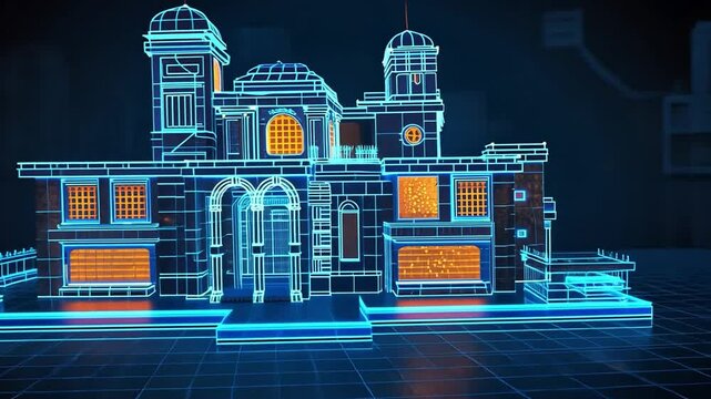 3D wireframe model of a grand mansion with illuminated details and intricate design